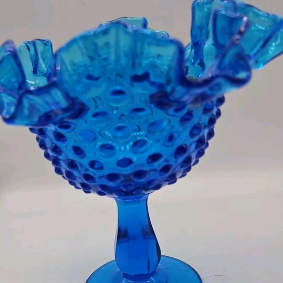 FENTON Ruffled Hobnail Footed Blue Glass Dish. Original Sticker. 6"H X 5"D - Picture 6 of 11